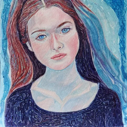 Image similar to professional painting of Elle Fanning in the style of Maurice Prendergast, head and shoulders portrait, symmetrical facial features, smooth, sharp focus, illustration, intricate, stormy weather, extremely detailed masterpiece,