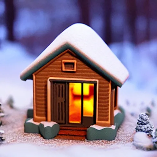 Prompt: cute clay model 3 d printed isometric cozy winter cabin at twilight, nintendo art