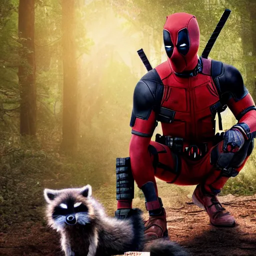 Image similar to deadpool and rocket raccoon in the woods digital art 4 k detailed super realistic