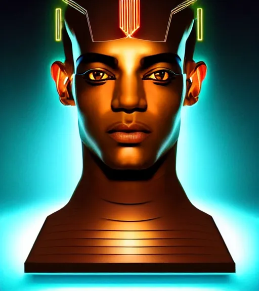 Image similar to symmetry!! egyptian god of technology, solid cube of light, hard edges, product render retro - futuristic poster scifi, lasers and neon circuits, brown skin handsome egyptian god, intricate, elegant, highly detailed, digital painting, artstation, concept art, smooth, sharp focus, illustration, dreamlike, art by artgerm