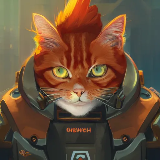 Prompt: ginger cat as overwatch character, digital illustration portrait design, by android jones and greg rutkowski, retrowave color scheme, detailed, cinematic lighting, wide angle action dynamic portrait