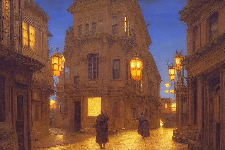 Prompt: winding street at twilight in a very old very beautiful city by George Price Boyce and Donato Giancola and William Dyce, glowing paper lanterns, strong dramatic cinematic lighting , ornate tiled architecture, lost civilizations, smooth, sharp focus, extremely detailed