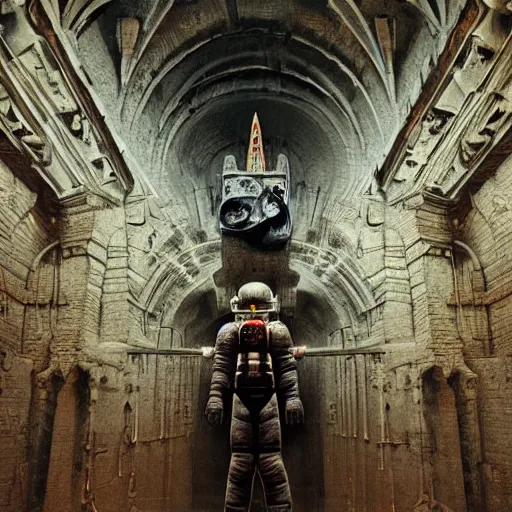 Prompt: surrealism grunge of an astronaut in a creepy cathedral . intricate artwork. Eerie ancient alien symbols carved into the walls, zdzisław Beksiński, wlop, dan mumford , trending on artstation, greg rutkowski very coherent symmetrical artwork. cinematic composition, hyper realism, high detail, octane render, 8k