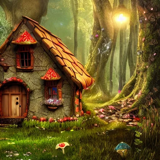 Image similar to A fairy tale toadstool-style house in magical forest, cinematic lighting, photo realistic image, 4K, super detailed, cinematic look, H 1024