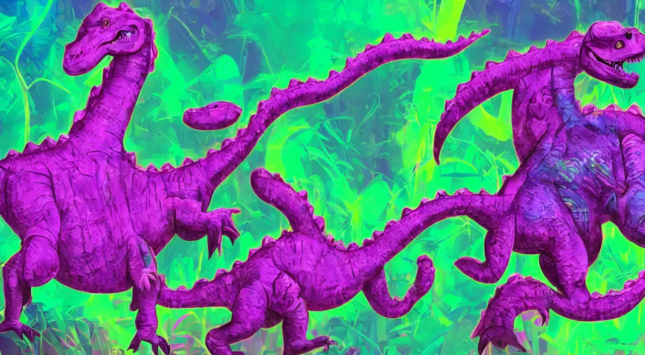 Image similar to spectral purple neon dinosaur, spectral neon pink dinosaur, spectral yellow neon dinosaur, green jungle background, detailed, ultrawide landscape