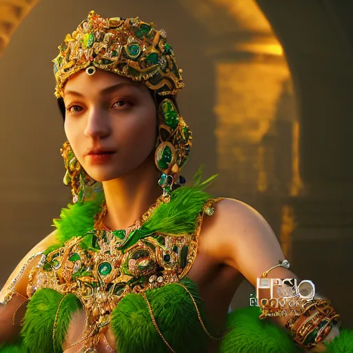Image similar to photograph of wonderful princess with fair skin, green jewelry, breathtaking, ornate, intricate, hyper detailed, accent lighting, dramatic light, 4 k octane render
