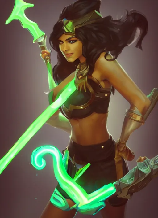 Image similar to senna from league of legends, au naturel, holding a giant weapon, brown skin, with abs, glowing green neon eyes, digital art, trending in artstation, cinematic lighting, studio quality, smooth render, unreal engine 5 rendered, octane rendered, art style by klimt and nixeu and ian sprigger and wlop and krenz cushart