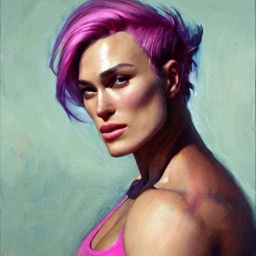 Image similar to greg manchess portrait painting of confident keira knightley with pink hair as beautiful thick female bodybuilder zarya from overwatch, medium shot, asymmetrical, profile picture, organic painting, sunny day, matte painting, bold shapes, hard edges, street art, trending on artstation, by huang guangjian and gil elvgren and sachin teng