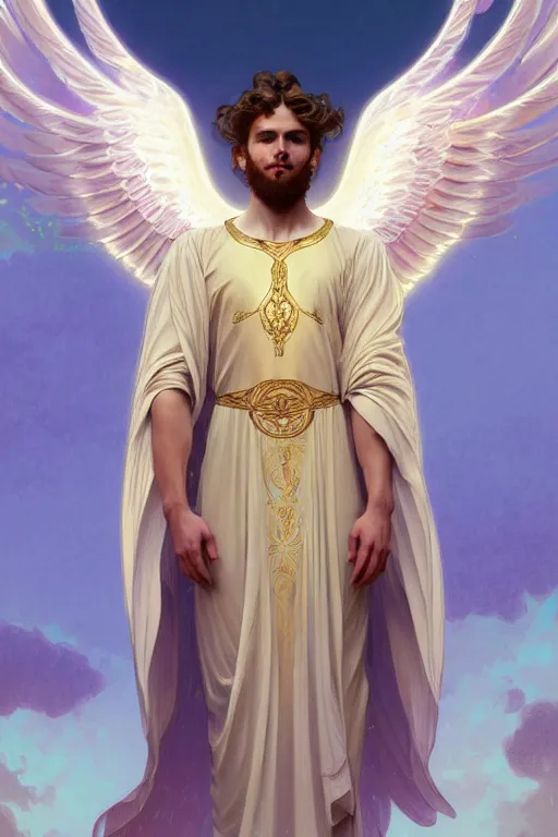 Image similar to fullbody portrait of a beautiful young fit male angel with curly blond hairs, soft smile, blessing hands, dressed with long fluent tunic, majestic symmetrical eagle wings, luminous halo, by greg rutkowski and alphonse mucha, gradient white to gold, in front of an iridescent background, highly detailed, digital painting, artstation, concept art, smooth, sharp focus illustration