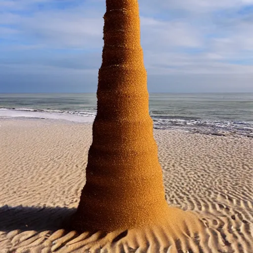 Image similar to a tower of sand on the beach that's taller than the people around it