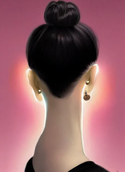 Image similar to portrait of white teenage girl, narrow face, short black hair, bangs, half updo hairstyle, buck toothed big smile, unattractive, defined jawline, long chin, wearing hair bow, earrings, intricate, elegant, glowing lights, highly detailed, digital painting, artstation, sharp focus, illustration, art by wlop, mars ravelo and greg rutkowski