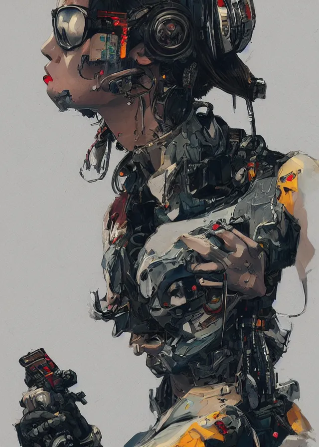 Image similar to highly detailed, james jean, ilya kuvshinov, greg rutkowski, simon roy, mcbess, yoji shinkawa, portrait illustration of a cyberpunk military woman, oil on canvas, colorful, cinematic composition, ray tracing, hyper realism, photorealistic