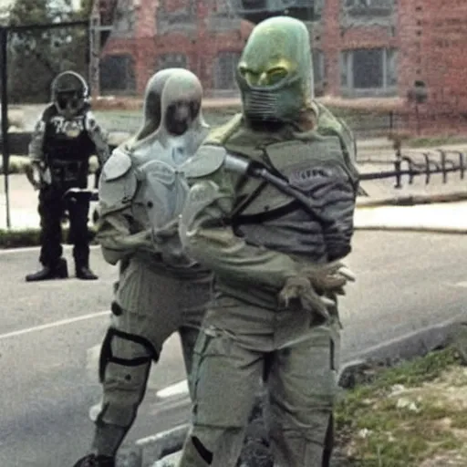 Image similar to extraterrestrial zeta reticulan grey alien, being arrested by spetsnaz