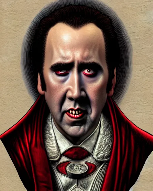 Image similar to nicolas cage as dracula, blood moon, highly detailed, centered, artstation, concept art, smooth, sharp focus, illustration, bokeh art by artgerm and donato giancola and joseph christian leyendecker