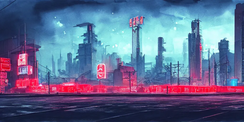 Image similar to landscape of a cyberpunk soviet city with neon hammer and sickle sign, watercolor, ultra realistic, highly detailed, hd, sharp focus, cinematic lighting, mood lighting, realistic, photorealistic, vivid colors, painting, photograph, digital art, non blurry, sharp, artstation, concept art, smooth, illustration
