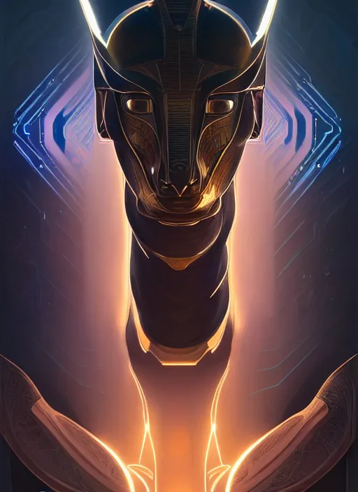 Image similar to portrait of an Anubis, sci-fi armour, tech wear, glowing lights!! sci-fi, intricate, elegant, highly detailed, digital painting, artstation, concept art, smooth, sharp focus, illustration, art by artgerm and greg rutkowski and alphonse mucha