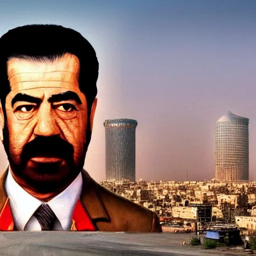 Image similar to portrait of Saddam Hussein, Baghdad skyline background, washed out colors, ambient lighting, dynamic lighting, lens flare, 4K, HQ, official media, detailed, trending on artstation