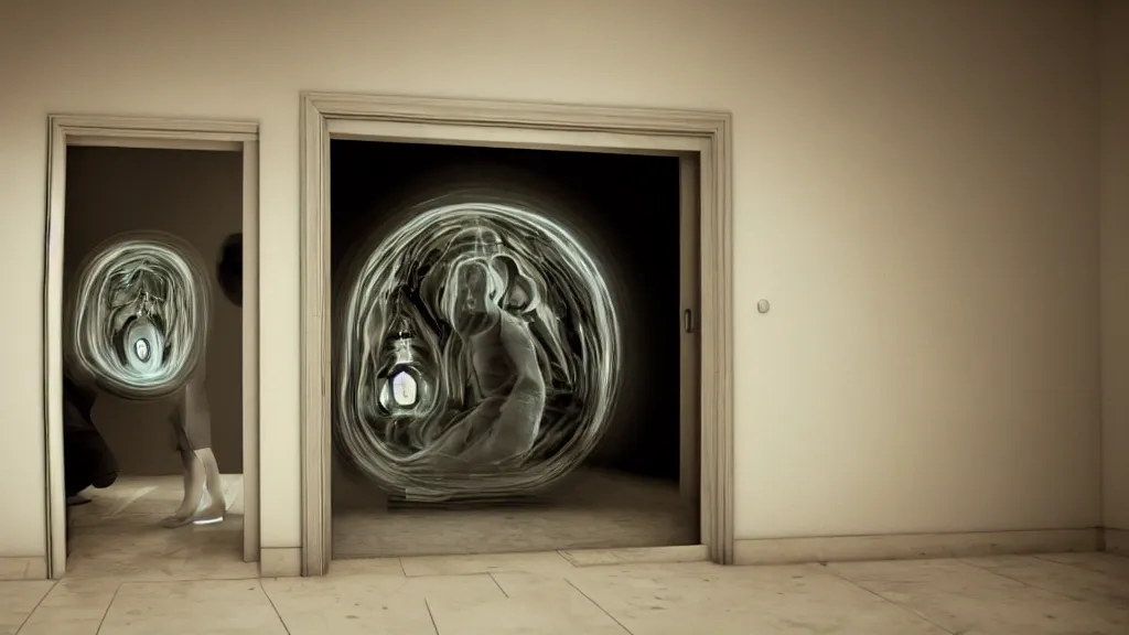 Image similar to an mri image open mri exposed uncovered machine portal in the living room, film still from the movie directed by denis villeneuve with art direction by salvador dali, wide lens