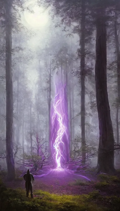 Prompt: Hyper realistic oil painting of a future sci-fi ancient god on the middle of a forest with a lot of purple trees holding a portal that's about to explode, fog, volumetric lighting, nighttime, moonlight, by Greg Rutkowski and Diego Velázquez