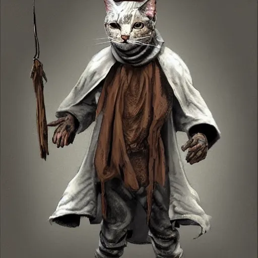 Image similar to dirty homeless humanoid cat wearing rags, concept art, d & d, fantasy, trending on artstation