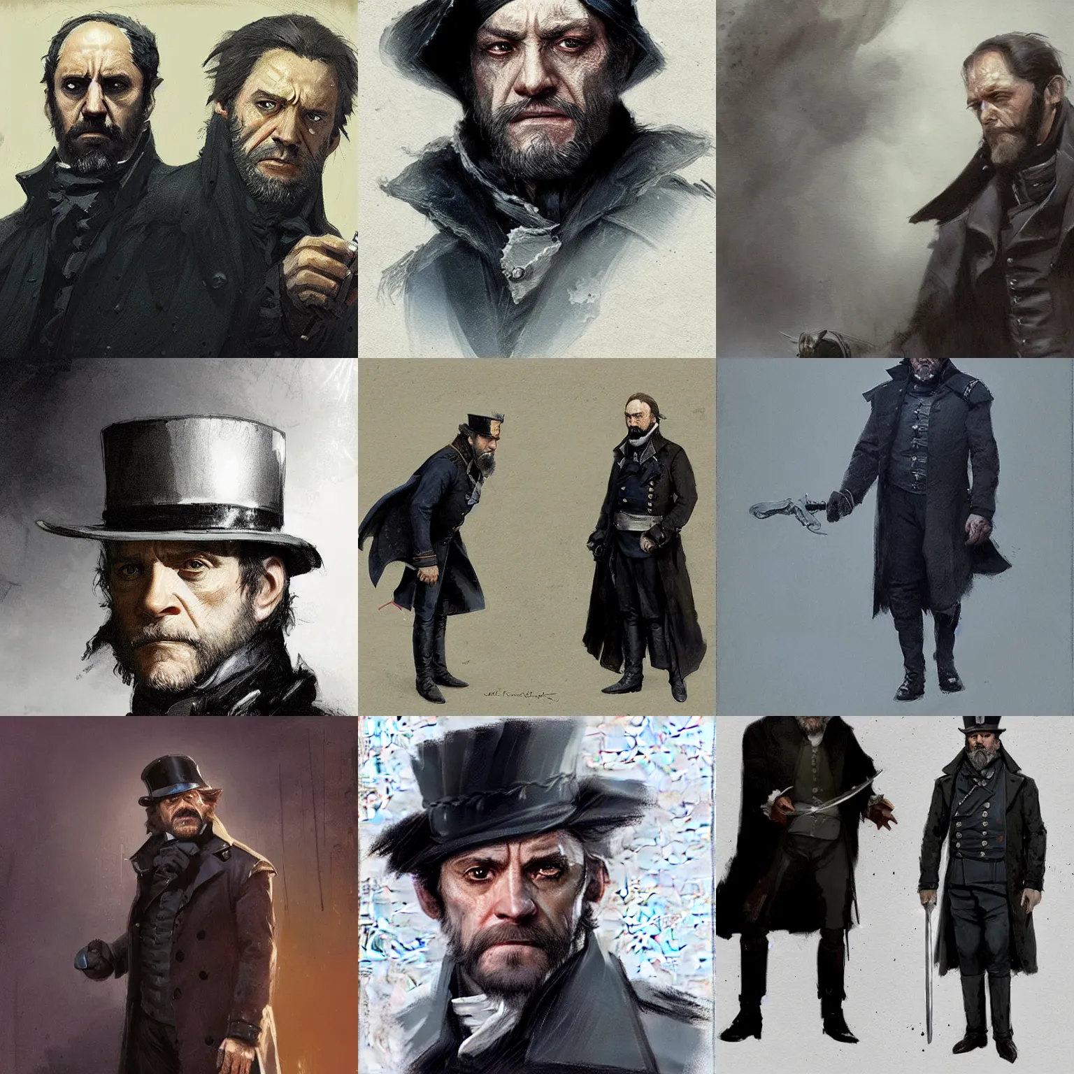 Prompt: John Malkovich\'s Javert as a stark detective from the 18th century, concept art by J.Dickenson and Greg Rutkowski