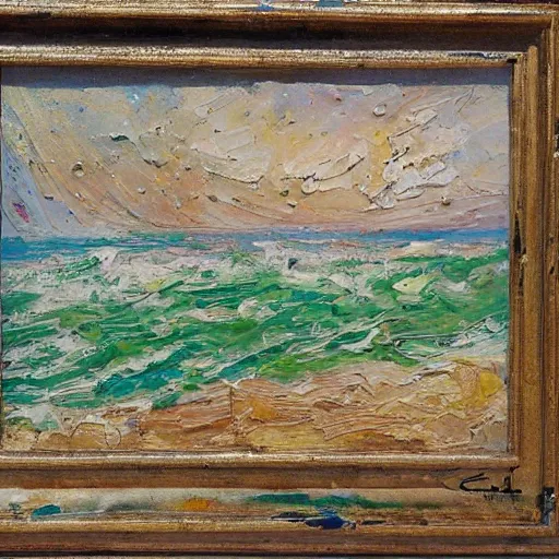 Prompt: oil paint impasto relief, beautiful painting of a sunny italian beach scene, multi layered thick brush marks, some splattered paint, in the style of monet and frank auerbach