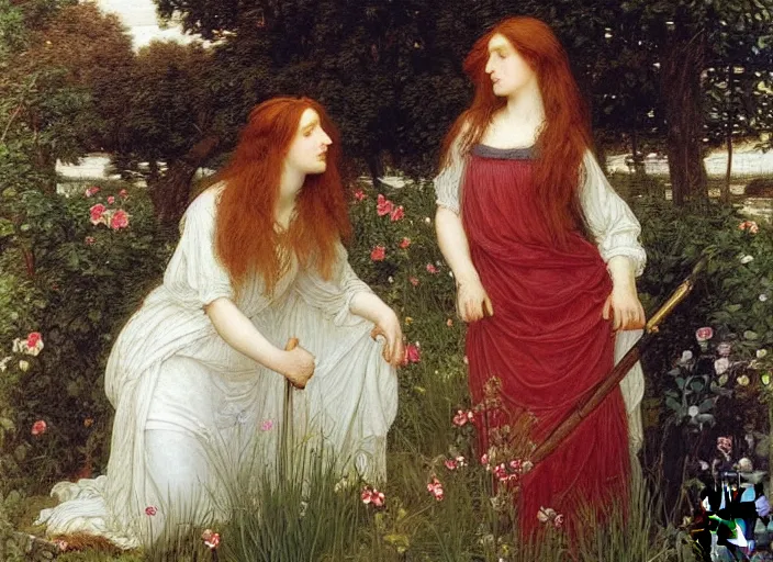 Image similar to a very very very beautiful Pre-Raphaelite painting of two very happy women in a lush garden brushing their hair, by Waterhouse