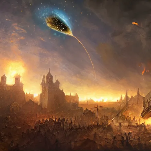 Image similar to meteor seconds before impact in a medieval town, foreboding, people running away, concept art, trending, high detail, high resolution, fantasy, knights