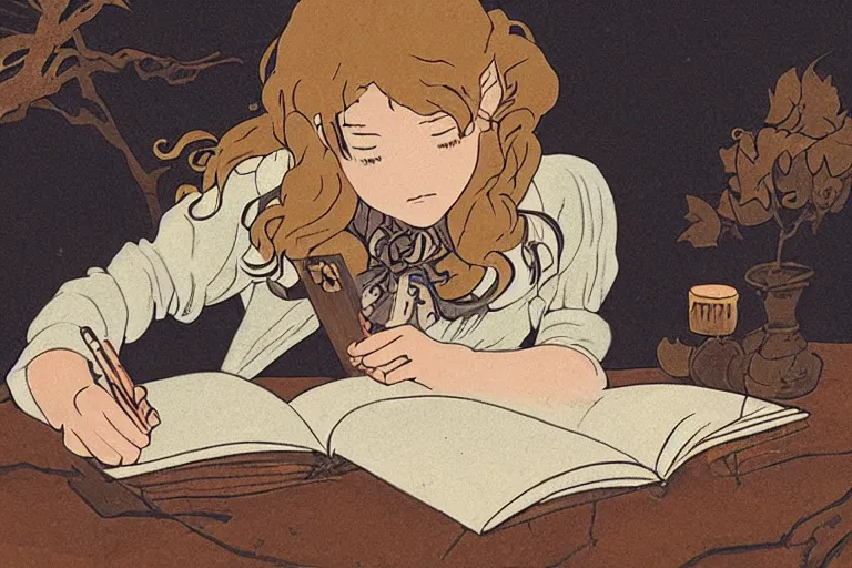 Prompt: a young witch writing in her spellbook halloween, over the shoulder angle, studio ghibli, warm, earthy tones, lit by candlelight, mucha