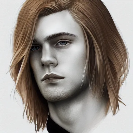 Image similar to a young blond man with long hair wearing a brown shirt, clean shaved, a character portrait by lydia field emmet, trending on cg society, photorealism, wiccan, handsome, ilya kuvshinov