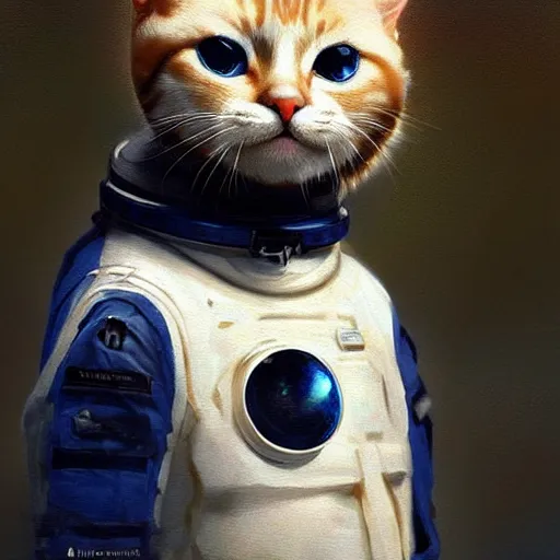 Image similar to head and shoulders masterpiece portrait of a cute adorable cat wearing a spacesuit, surreal background, digital art by krenz cushart, trending on artstation, cgsociety,