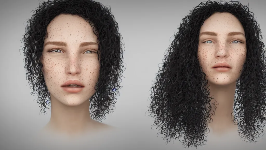 Prompt: A face shot of a beautiful girl with black curly hair and freckles. Cycles Render