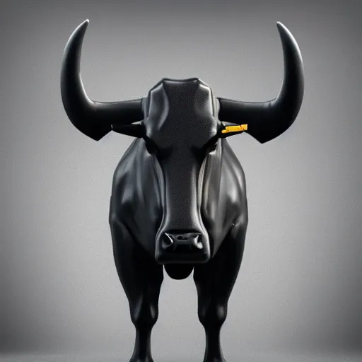 Image similar to a standing bull android modeled after a bull made of hard rubber looking into the camera, android, cyborg, half body, intricate, 3 d, fantasy, depth of field, octane render, symmetrical, hyper realism, highly detailed, digital art, artstation, concept art, cinematic lighting, trending