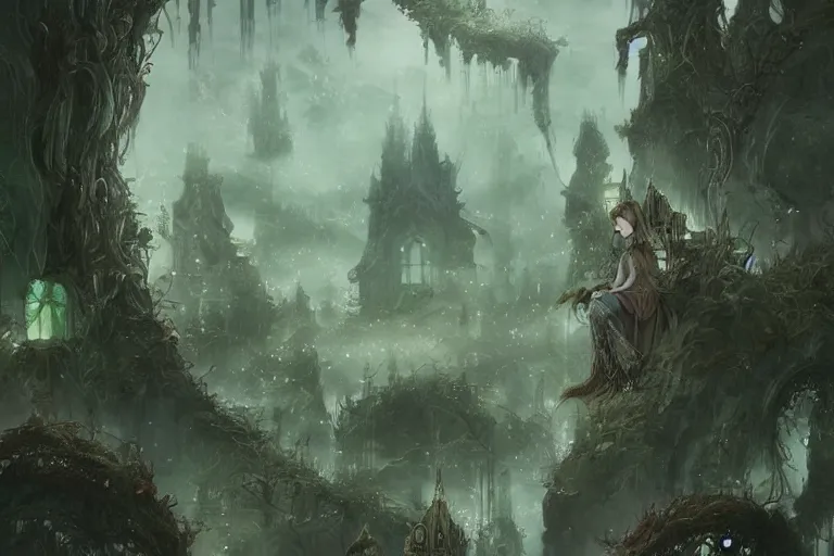 Prompt: green fairy land, beautiful, mesmerizing, concept art, highly detailed, smooth, fantastical, cinematic, artstation, inspired by monstress, sana takeda