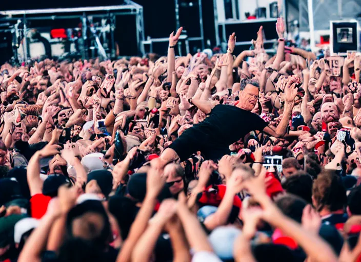 Prompt: photo still of tom hanks at vans warped tour!!!!!!!! at age 4 5 years old 4 5 years of age!!!!!!! stage diving into a crowd, 8 k, 8 5 mm f 1. 8, studio lighting, rim light, right side key light