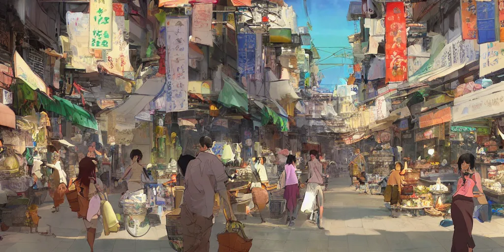 Prompt: Concept art by Makoto Shinkai of a lively, full of life market with merchants spread along an alley full with human activities, Bangkok old city, Bangkok shophouses, vivid, sunny.