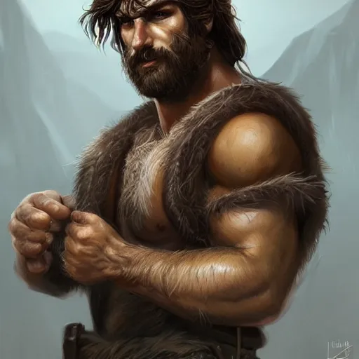 Image similar to portrait of a rugged ranger, muscular, upper body, hairy torso, D&D, fantasy, intricate, elegant, highly detailed, digital painting, artstation, concept art, smooth, sharp focus, illustration, art by Charles Sillem Lidderdale