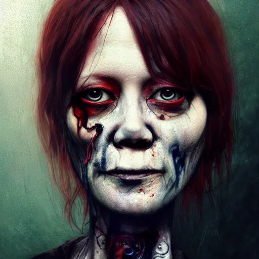 Prompt: color head portrait of singer beth gibbons as a zombie, 7 days to die zombie, gritty background, fine art, award winning, intricate, elegant, sharp focus, cinematic lighting, digital painting, 8 k concept art, art by michael hussar, art by brom, art by guweiz and z. w. gu, 8 k