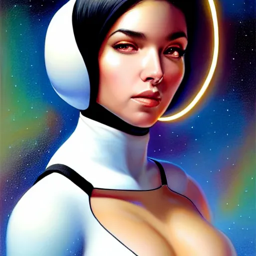 Image similar to a portrait of a very beautiful woman in a spacesuit, Alexandria\'s genesis, shoulder-length black hair, bored, illustration, soft lighting, soft details, painting oil on canvas by mark arian by artgerm, trending on artstation, 4k, 8k, HD