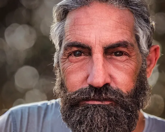 Image similar to mr robert smoke weed and meditate, he has dark grey hairs, detailed glad face, muscular chest, visible belly, golden hour closeup photo, red elegant shirt, eyes wide open, ymmm and that smell
