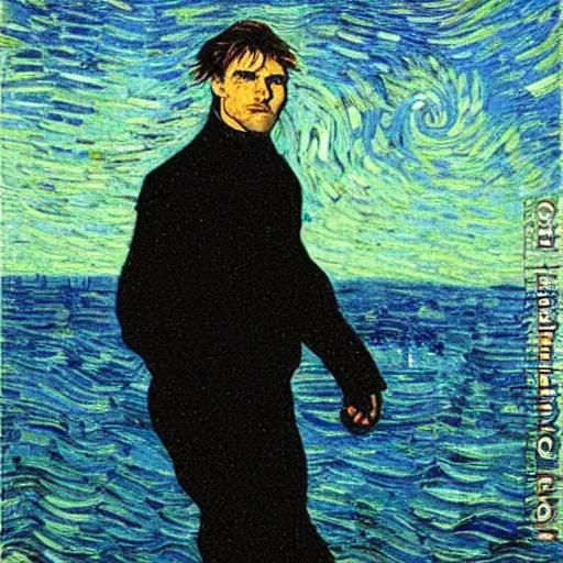 Prompt: Tom Cruise head over water at sea by Van Gogh