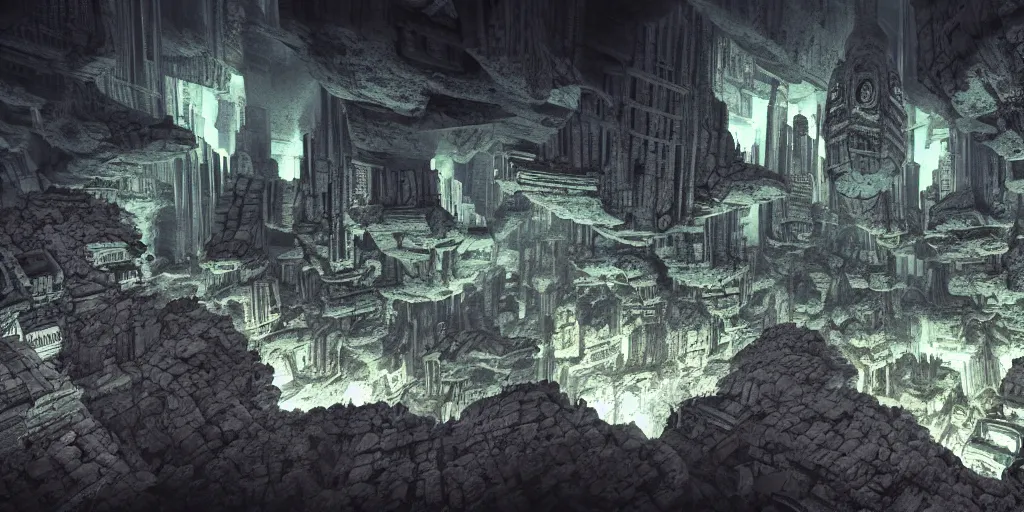 Image similar to inception lovecraft city carved from rock underground another inverted upside down above, in the style of akira, cinematic warm volumetric lighting