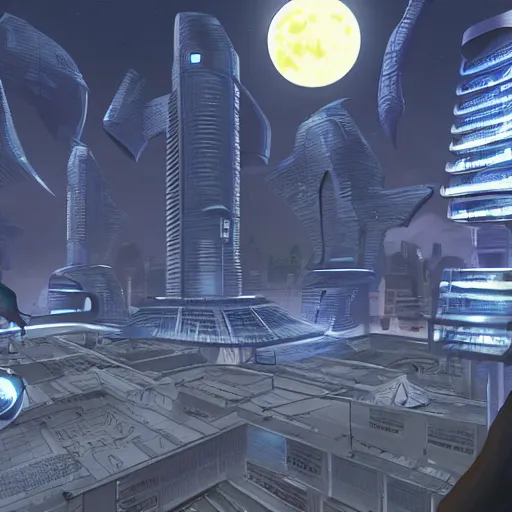Image similar to point perspective, scifi city in the future, full moon, cyborg in the foreground