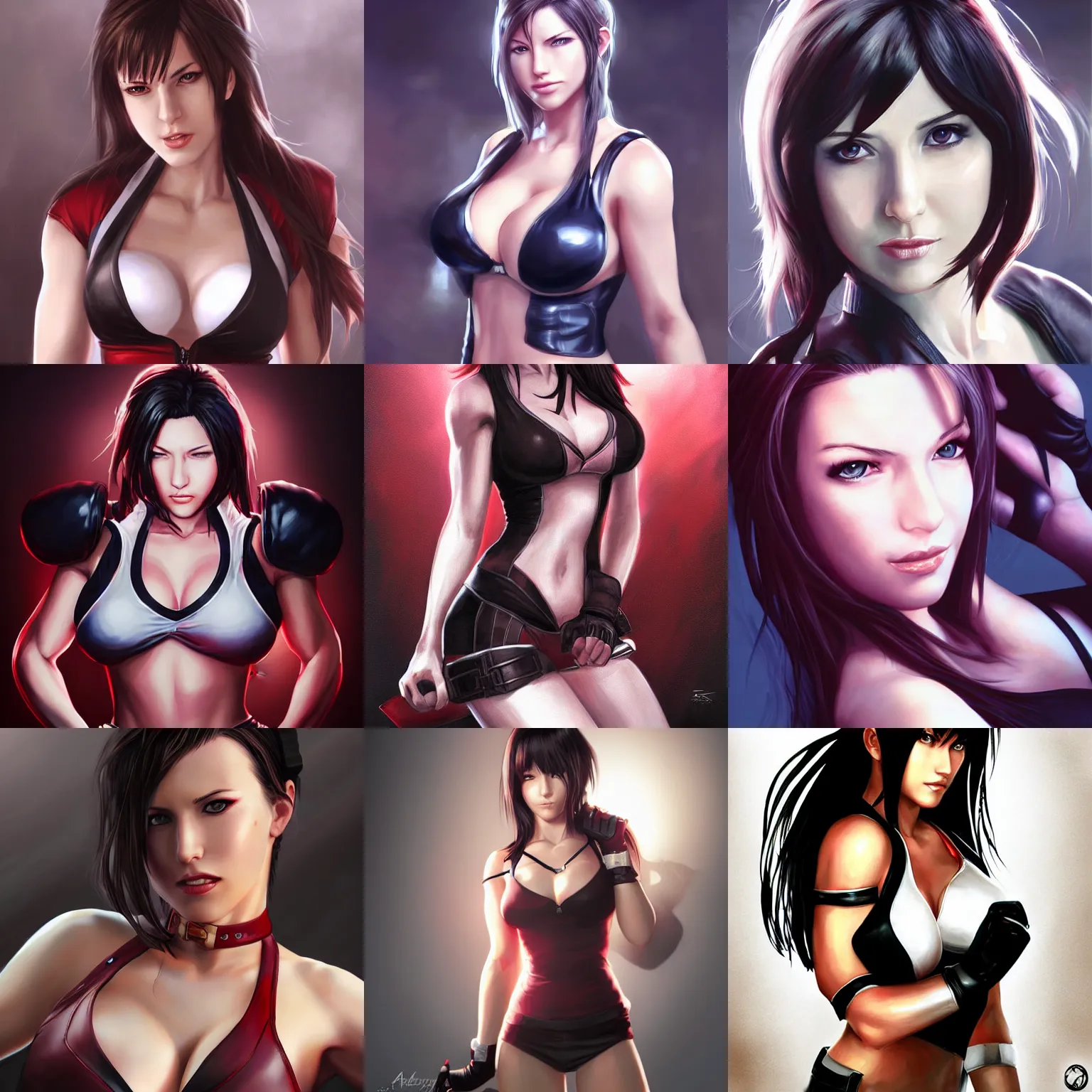Prompt: a painting of elizabeth olson as tifa lockheart by artgerm, highly detailed, atmospheric lighting, attractive female, deviantart