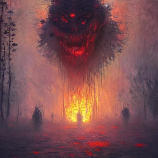 Prompt: a beautiful terrifying monster of flowers, eyes and mouth glowing like burning embers. ethereal horror fantasy art by monet and greg rutkowski