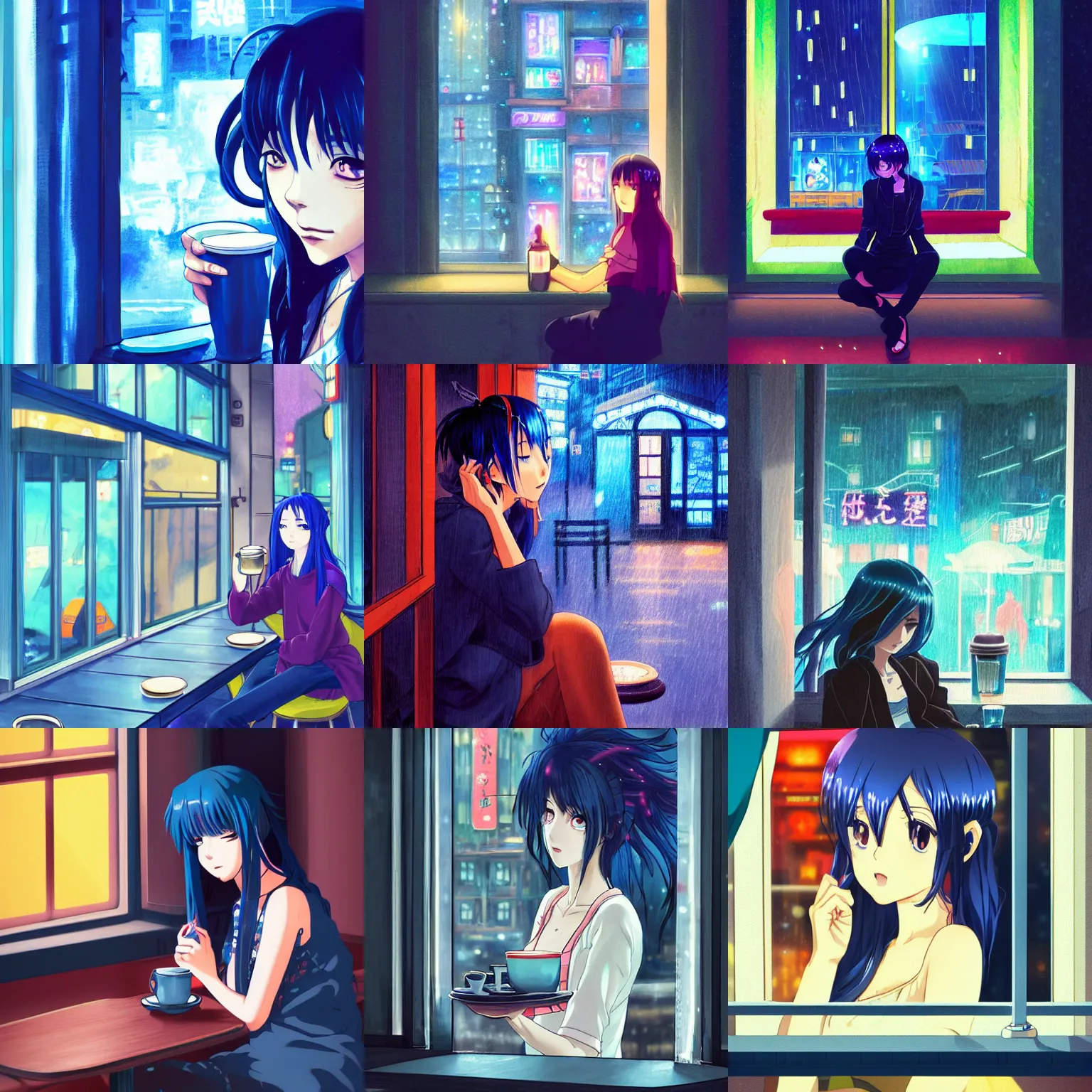 Prompt: beautiful anime painting of a woman with dark-blue hair sitting in a cafe next to a window on a rainy night, outside are neon lights from a dense city, by studio ghibli, spirited away, artstation, atmospheric, high detail