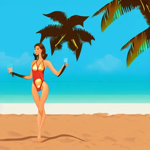 Image similar to a beautiful illustration of a woman in a swimsuit on the beach with palm trees by hed kandi, adobe illustrator