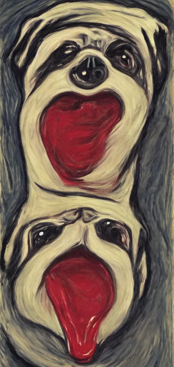 Prompt: a mouth-opened pug in shock , in the Style of The Scream , painted by Edvard Munch