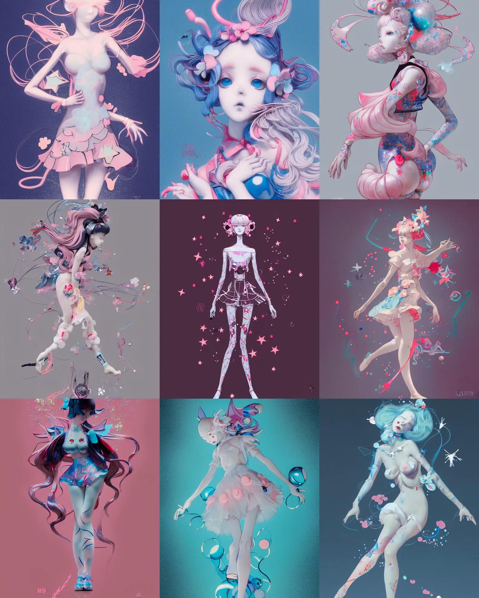 Prompt: james jean isolated vinyl figure voluptuous harajuku cute magical girl character design, figure photography, dynamic pose, holographic undertones, motion shapes color design, glitter accents on figure, anime stylized, sharp focus, accurate fictional proportions, high delicate defined details, ethereal lighting, editorial awarded