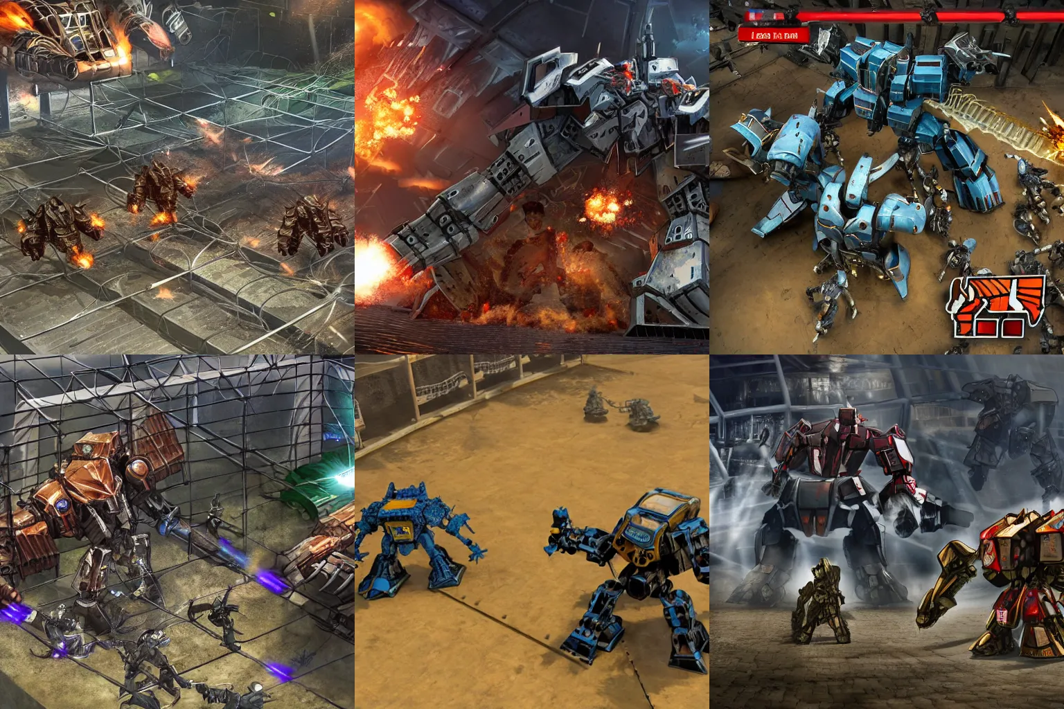 Prompt: giant mechs fighting in a caged arena, realistic, scrappy